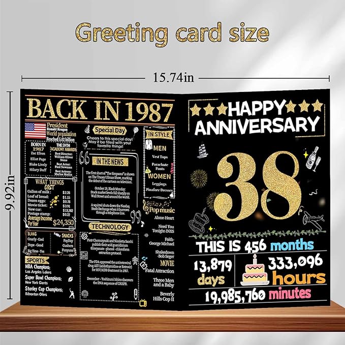 Joycard 38th Anniversary Card for Women Men, Gold Wedding Card for Wife Husband, Sweet Marriage Decorations Gifts for Couple, Perfect for Her Him on Anniversary Day, Back in 1987