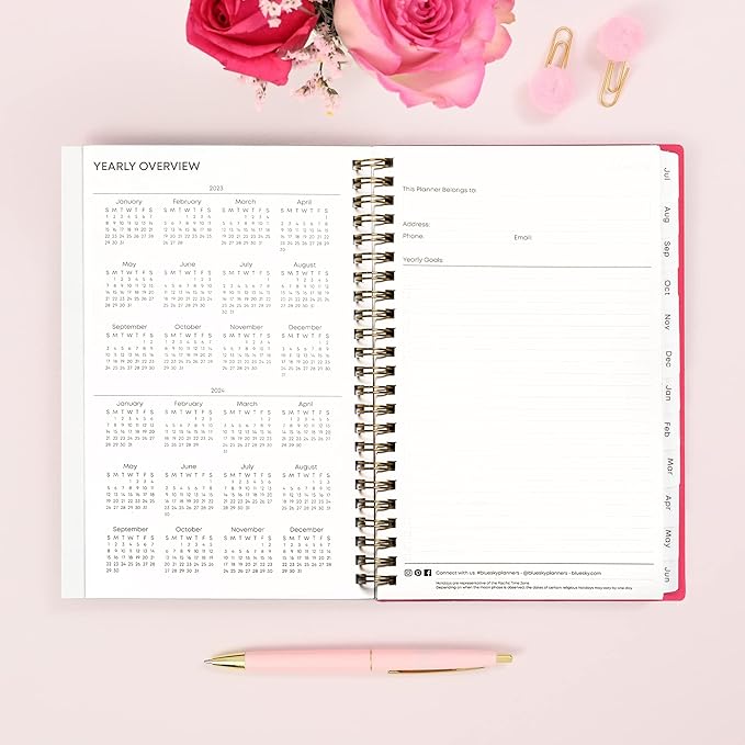 Blue Sky July 2023- June 2024 Academic Year Weekly and Monthly Planner, 5" x 8", Frosted Flexible Cover, Wirebound, Roosevelt Pink (144704)