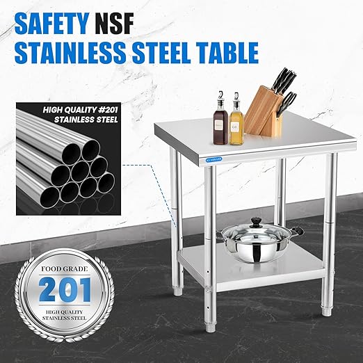 Stainless Steel Table for Prep & Work with Undershelf 18 x 24 Inches NSF Metal Commercial Kitchen Prep Table with Adjustable Under Shelf Worktable for Restaurant Home Outdoor