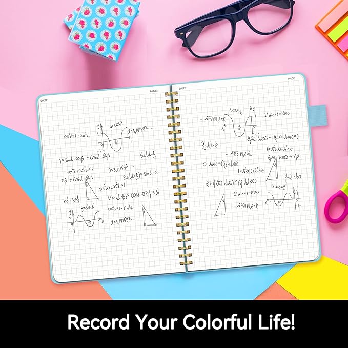 Alltree Large Graph Notebook Journal for Work, Engineering Paper Notebook, Leather Hardcover Spiral Notebook with Pen Loop, Pocket, Stickers, 160 Pages, Journal for Women & Men, Sky Blue(6"x8.5")