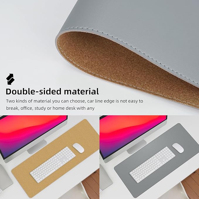 Leather Desk Protector, 47in*23.7in Large Mat with Natural Cork & PU Leather, Mouse Pad, Non-Slip Office Mat, Waterproof Writing Pad for Office and Home (Light Grey)