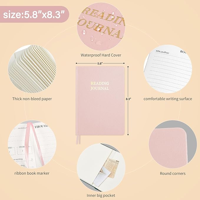 Reading Journal Book Lovers Gifts Hardcover Leather Readers Accessories Track Reading Log with 65 Books Reviews, 5.8”x8.3”, Pink