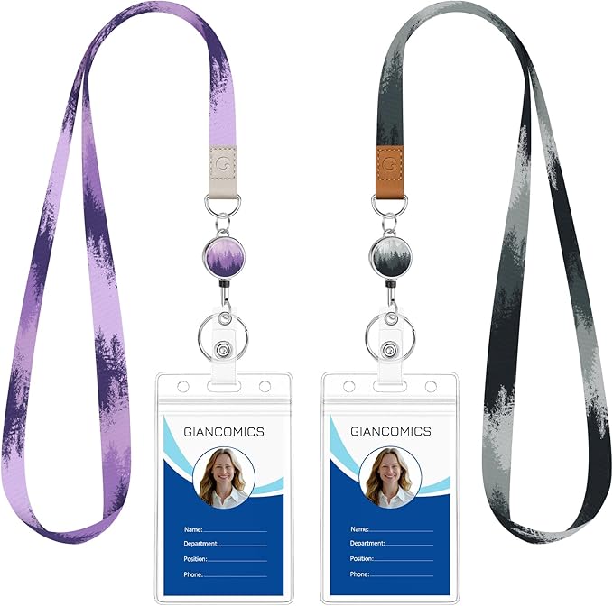 Giancomics Lanyards for Id Badges, Forest Lanyards with Retractable Reel, Waterproof ID Badge Holder for Cruise Ships Cards Key, Cute Work Name Tag Zip Card Protector for Women 2 Pack