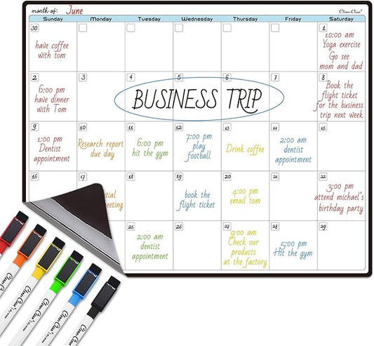 CLEVER CLEAN Magnetic Dry Erase Monthly Calendar - 14.25"x11.25" Monthly Calendar Board for Fridge - 6 Extra Fine Point Markers Included - Shipped Flat