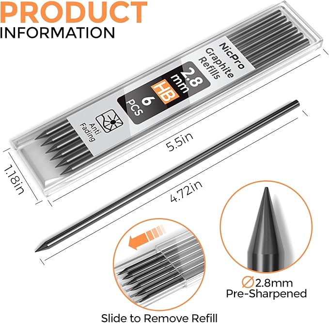 Nicpro 60 Pieces Carpenter Pencil Lead Refills 2.8mm, Lead Refill for Mechanical Carpenter Pencil, Break Resistant 2.8 mm Leads for Construction Pencils, Woodworking Pencil (Black)
