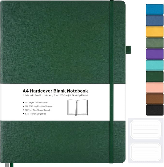 Blank Notebook, Hardcover Sketch Book, 8.5" x 11" Large Blank Journal, No Bleed Thick Paper Sketchbook for Drawing, Unlined Notebook Journal for Women Men School, A4 Leather Sketchbook Lay Flat, Green