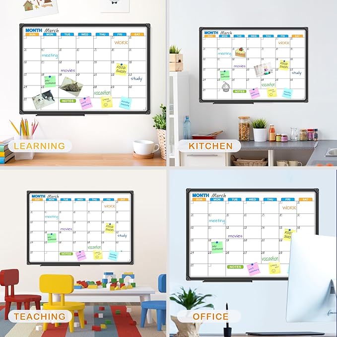 JILoffice Dry Erase Calendar Whiteboard - Magnetic White Board Calendar Monthly 24 X 18 Inch, Black Aluminium Frame Wall Mounted Board for Office Home and School
