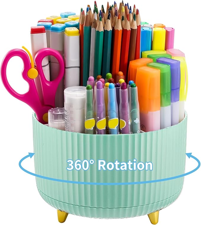 Marbrasse Desk Organizer, 360-Degree Rotating Pen Holder for Desk, Desk Organizers and Accessories with 5 Compartments Pencil Organizer, Art Supply Storage Box Caddy for Office, Home (Mint Green)