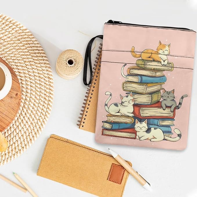 COEQINE Cute Girls Book Cover with Zipper 9x11 Portable Book Sleeves Book Lovers Cute Cats Animal Book Case Dust Cover for Adult Teens Large