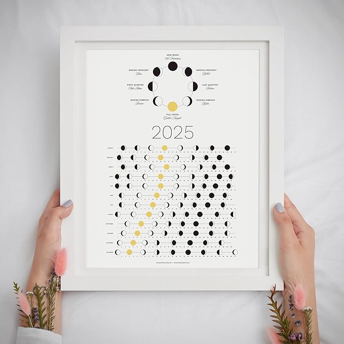 2025 Moon Phase Calendar (SHIPS FLAT) - Hangable Light Lunar Wall Poster - Great as a Unique Gift, Moon Tracking, Wall Décor & Art, Astrology Decorations - A Celestial Calendar - by Thankful Greetings