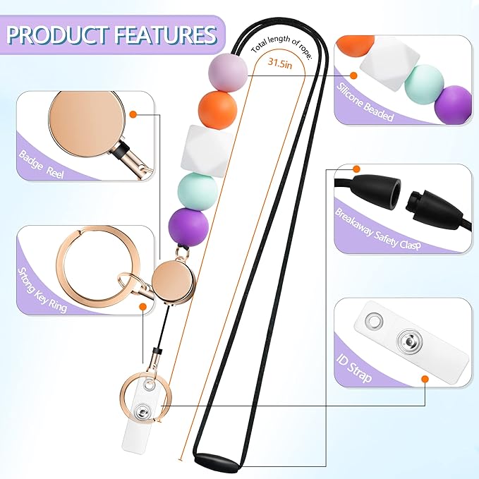 Retractable Lanyards for ID Badges and Keys, Cute Breakaway Teacher Lanyard with Badge Holders and Reels, Silicone Beaded Lanyard for Women, Nurses, Office with 2 Waterproof Card Holders