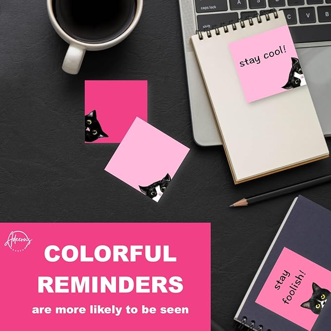 9 Pads Black Cat Sticky Notes Set, Pink Self-Stick Note Pads, Super Adhesive Memo Pads Cute Note Card for Cat Lover Gift, Teacher Office and School Supplies, 3x3in