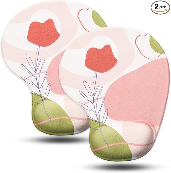 JIKIOU Mouse Pad, 2 Pack Ergonomic Mouse Pads with Comfortable Gel Wrist Rest Support and Lycra Cloth, Non-Slip PU Base for Easy Typing Pain Relief Durable and Easy to Clean Small Rose