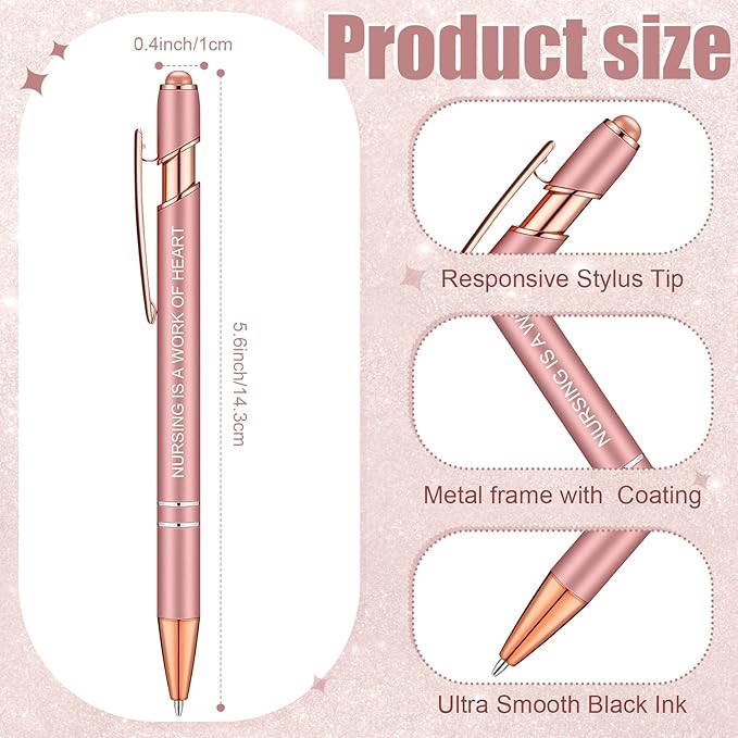 Zonon 12 Pieces Inspirational Pens Bulk Easter Basket Stuffers Motivational Quotes Ballpoint Pens with Stylus Tip Inspirational Gifts for School Office Teachers(Rose Gold,Nurse Style)
