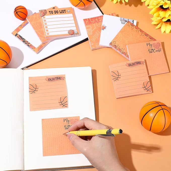 Thenshop 9 Pads Sport Sticky Notes Ball Self Stick Notepads 3x3 Inches Notes Cute Adhesive Memo Pad Gifts for Office Sports Birthday Party Favors(Basketball)
