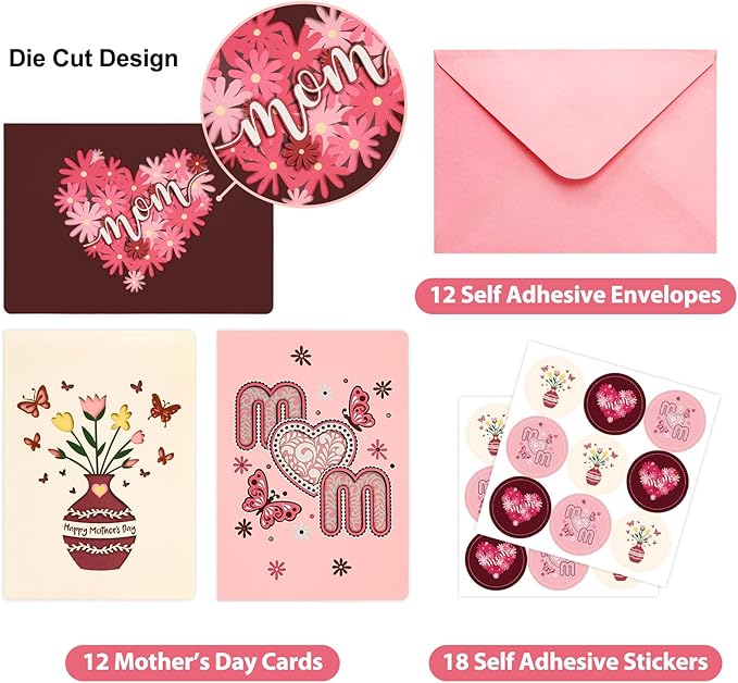Fancy Land 12 PCS Mothers Day Cards Die Cut Design Happy Mothers Day Cards with Envelopes and Stickers Mothers Day Gifts