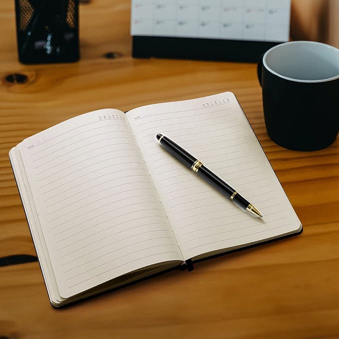 A5 Leather Journal Notebook with Pen, 200 Pages Hardcover Journal with Pocket, 100gsm Thick Lined Paper Daily Diary for Men and Women, Great Gift for Business School Travel Personal - Gray