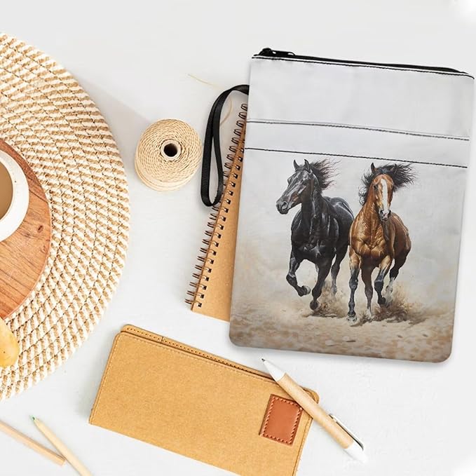 COEQINE Horses Themed Zippered Book Covers for Soft Cover Books Hard Cover Cool Animal Book Protectionale Book Sleeves Case with Hand Handles Portable Chain