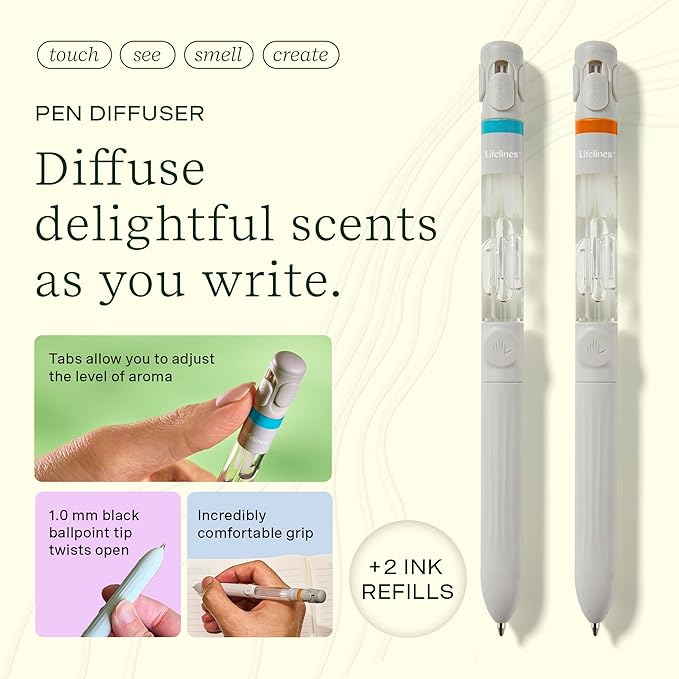 Lifelines Pen Diffuser Set, 2-Pack (Crisp Mountain Air & Citrus Grove) - 1mm Black Ballpoint Pens with Scented Essential Oil Blends – Aromatherapy Diffuser & Sensory Immersion Diffuse Aroma