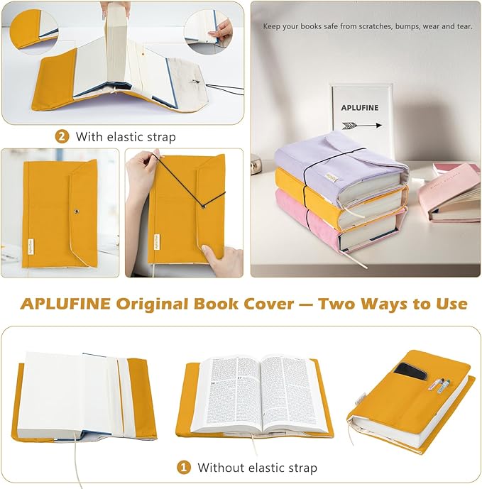 Canvas Book Covers, Washable Book Protector, Book Cover for Paperback Novels, Adjustable Book Cover for Hardcover with Pockets for Pen, Soft Cover Books, Book Lovers Gifts