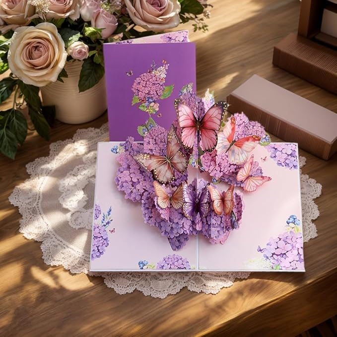Purple Hydrangea and Butterfly Pop-Up Card, Romantic Floral Greeting Card, Butterflies Flower Card for Birthdays, Anniversaries, Weddings, Thank You, and Special Occasions