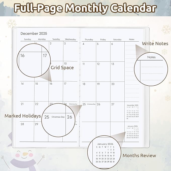 Christmas Pocket Calendar 2025-2026, 2025 Monthly Planner - 3.7" x 6.7" - Runs from January 2025 until December 2026, 2025 Pocket Planner with PVC Cover for Planning, Beige