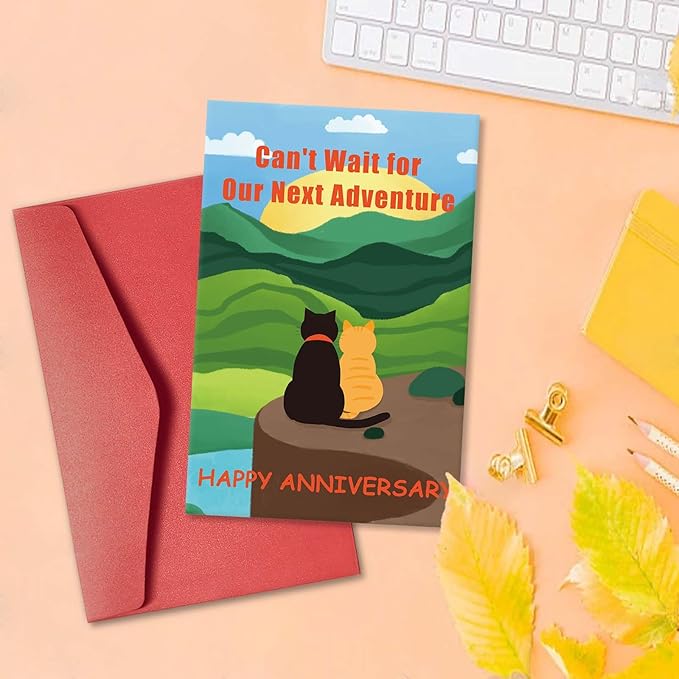 Funny Cat Anniversary Card Gift for Him Her, Happy Anniversary Card for Cat Lover, Romantic Cat Love Card for Boyfriend Girlfriend, Can't Wait for Our Next Adventure