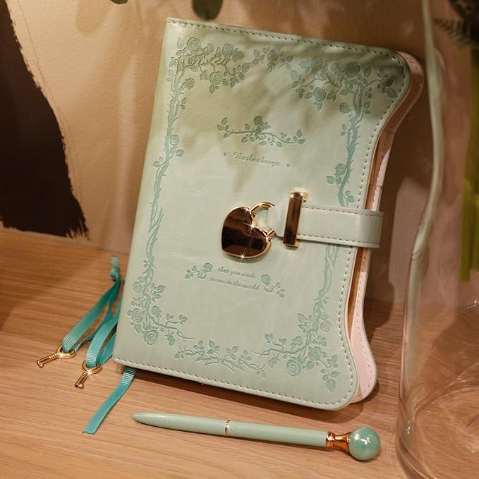 Diary with Lock and Keys for Girls Gift Ideas, 360 Gold Edged Pages Journal for Women, B6 Refillable Notebook for Writing with Pen and Bookmark (Garden Aqua)