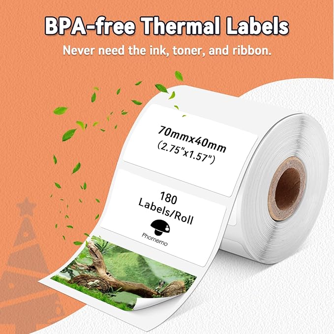 Phomemo Thermal Labels, Address Barcode Thermal Stickers for M220/M221/M200/M250 Label Printer Machine, 2.75"x1.57"(70x40mm),180 Labels/Roll, for Barcode/Address/Mailing/Logo,Black on White