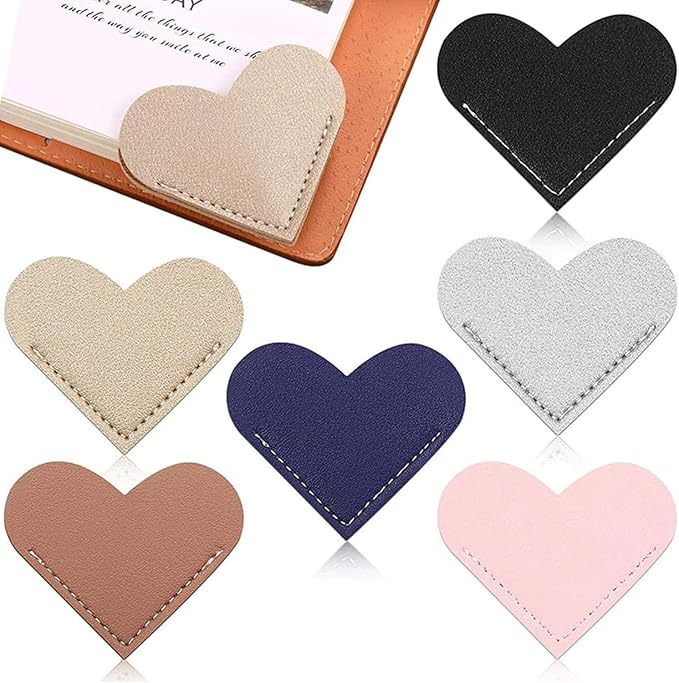 6Pcs Colorful Leather Bookmarks with Heart Shape, Portable Leather Book Page Corner Marker Heart-Shaped Page Clip 2''x2.2'' Gift, Reading Bookmarks Art Gifts, Book Covers and Book Accessories (Heart)