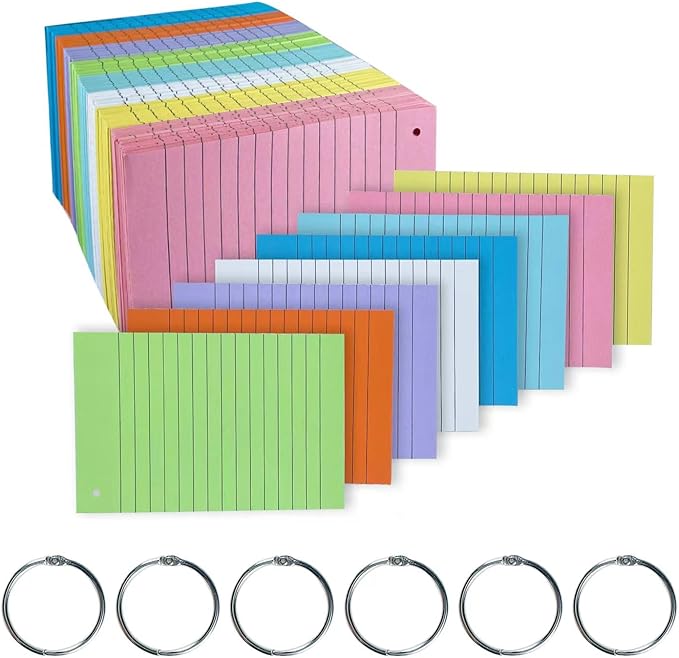 TFLFL Index Cards 4x6 Inch, 600PCS Flash Cards with Rings 8 Colors Ruled Index Cards, Assorted Lined Colored Flashcards, Thin Note Cards Paper, Study Card Memo Scratch Pad for Home Office School
