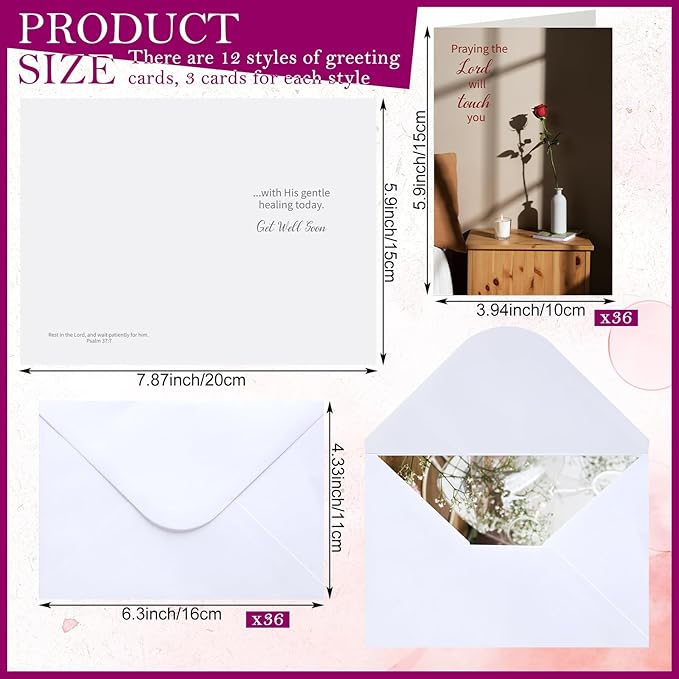 36 Sets Christian Get Well Soon Cards with Scripture Assorted Religious Bible Verse Wishing You Well Greeting Cards with Envelope(Various Floral)