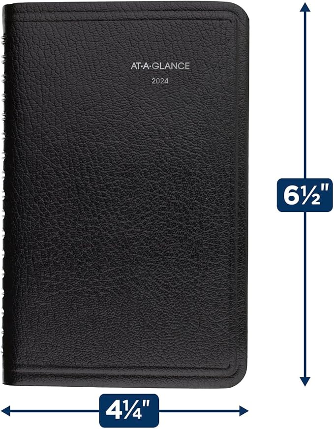 AT-A-GLANCE 2024 Weekly Planner, DayMinder, Hourly Appointment Book, 3-1/2 x 6", Pocket Size, Tabbed Telephone/Address Pages, Texture Cover, Black (G2500024)