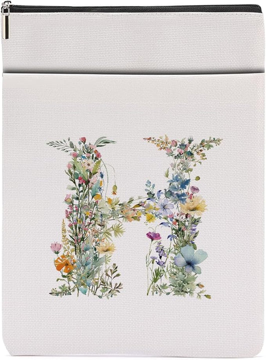 Monogrammed Book Sleeve Floral H Initial Book Pouch Book Accessories Book Lovers Gifts Waterproof Book Cover Book Protector Bookish Gifts Personalized Gifts for Women Girls Readers Bride Aunt