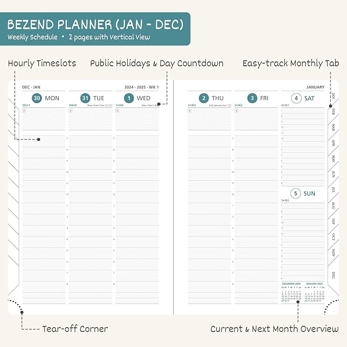 BEZEND 2025 Planner Daily Weekly & Monthly 5.8" x 8.5" (Jan - Dec 2025) Agenda 2025 Vertical Calendar Book with Hourly Schedule, Monthly Tabs, Pen Holder, Vegan Leather Hard Cover - Lavender