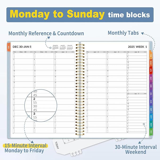 SUNEE 2025 Appointment Book, Quarter-Hourly, Weekly & Monthly - from January 2025 - December 2025, 8.5"x11" Weekly Planner, Flexible Cover, Note Pages, Pockets, Bookmark, Spiral Binding, Blue