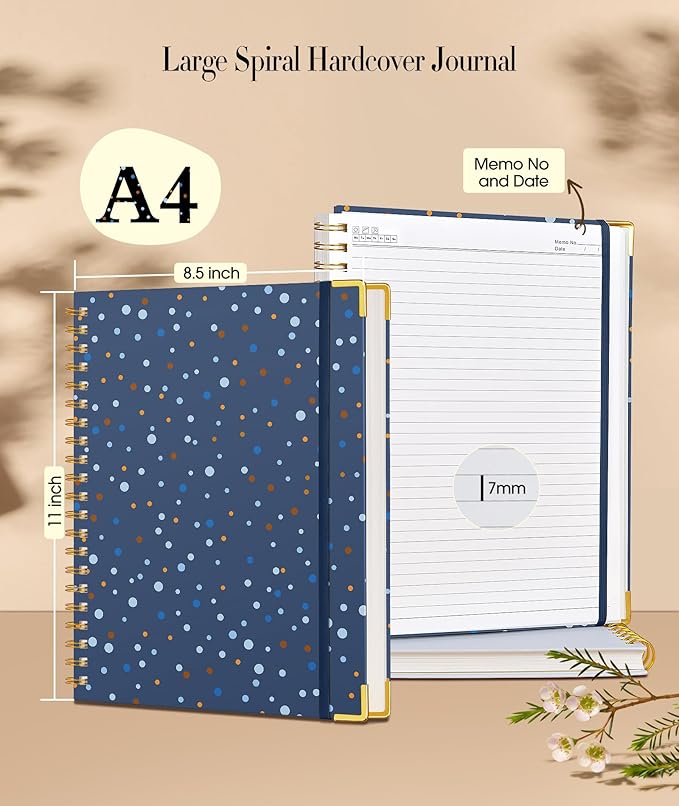 Cute Spiral Notebook Journal for Women, 200 Pages Lined Notebooks 8.5” x 11”, A4 Large Hardcover Spiral Journals with 100 GSM Thick Paper, College Ruled Notebook for Writing Work School, Navy Dots