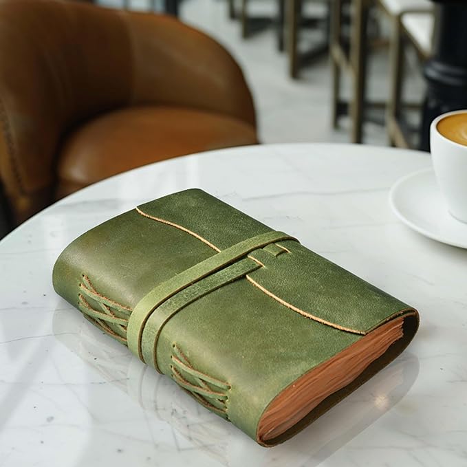 LEATHER VILLAGE Leather Bound Journal - Green, 7"X5", 220 Pages - Vintage Blank Paper Diary for Writing, Drawing, Sketchbook, and Travel Notebook - Ideal for Women and Men