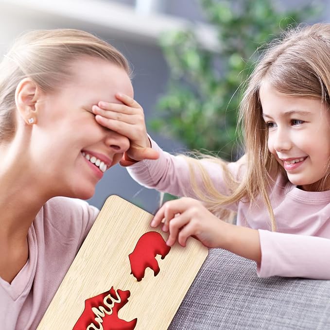 Handmade Birthday Card,Wooden Mother's Day Card from Daughter or Son,Mother's Day Gifts for Mum from Kids,Lovely Bear Baby and Mom Pattern Design,Unique Birthday Presents for Mum