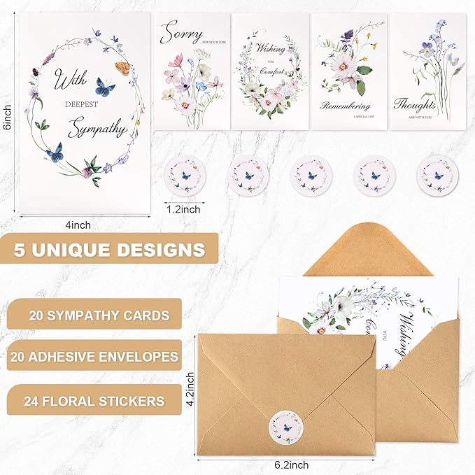 C2U Sympathy Cards with Envelopes- 20 Pack 4"x6"Condolence Cards with Thoughtful Messages & Stickers-Floral Sympathy Cards Assortment Box with Envelopes