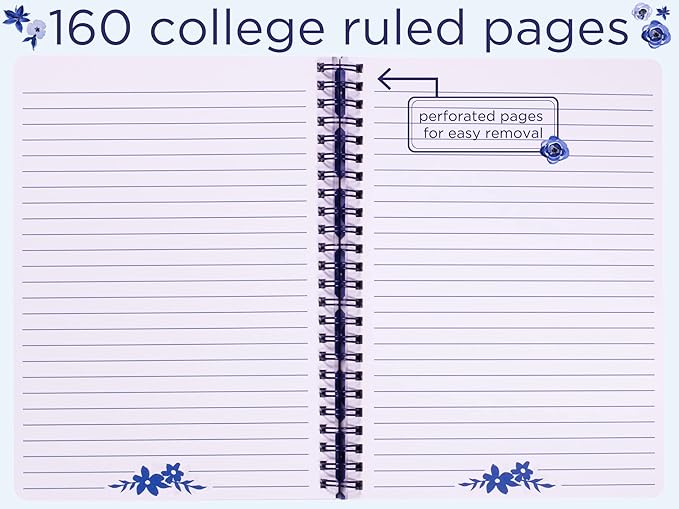 Steel Mill & Co Cute Floral Mini Spiral Notebook, 8.25" x 6.25" Journal with Durable Hardcover and 160 Lined Pages, Blue Watercolor