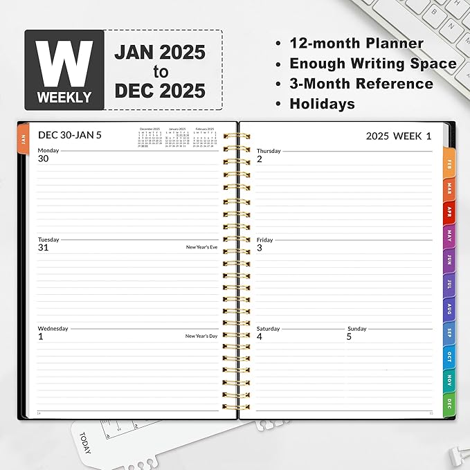 SUNEE 2025 Weekly and Monthly Planner - from January 2025 - December 2025, 6.4" x 8.3" Daily Agenda Planner with Monthly Tab, Flexible Cover, Note Pages, Pockets, Bookmark, Spiral Binding, Black