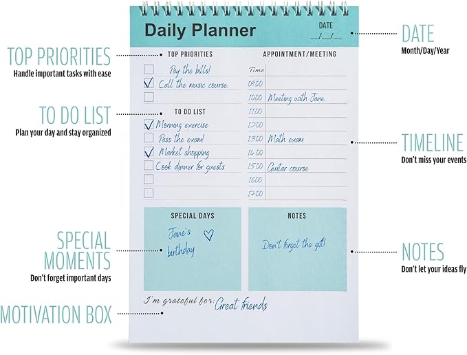 Daily Planner Notebook, To Do List Notepad, Spiral Notebook, Undated-52 Sheets-6.5" x 9.8" Checklist, Notebooks for Work, Personal Organizer Notepad, Daily Task Notebook (Green)