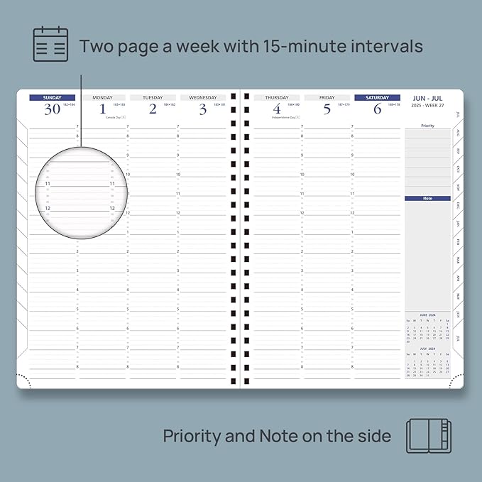 POPRUN 2025 Weekly Planner Spiral Bound with Monthly Tabs 8.5" x 11", Quarter-Hourly Appointment Book with PU Leather Soft Cover, Dual Pockets, Gift Box, Sunday Start - Pacific Green