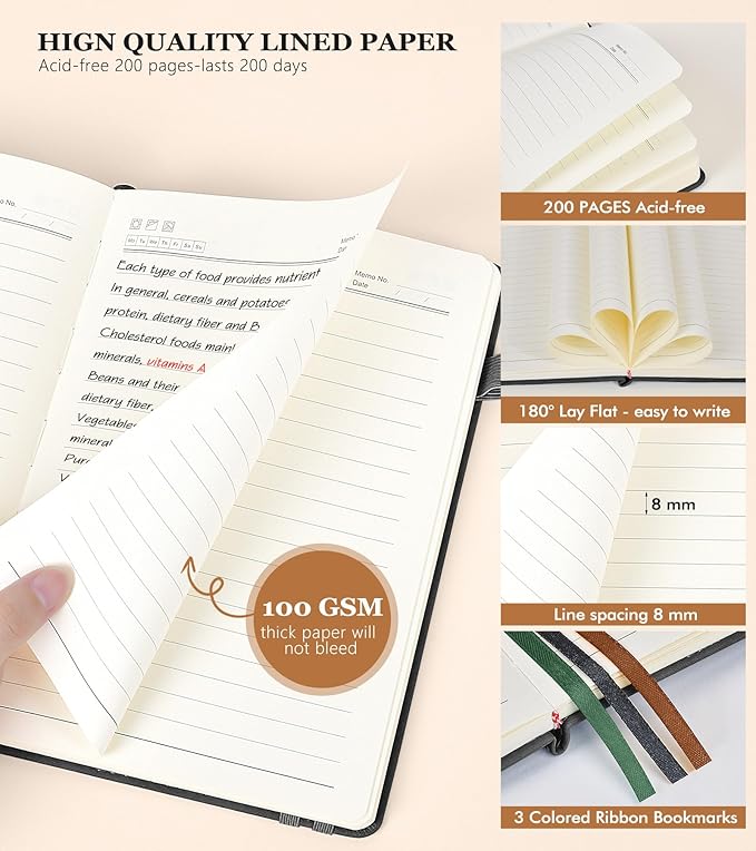 Lined Journal Notebook for Women and Men,Hardcover Leather Journaling Notebook for Writing, Travel, Business, Work and School,200 Pages A5 Notebook for Note Taking, Diary 5.9" × 8.5" - Black