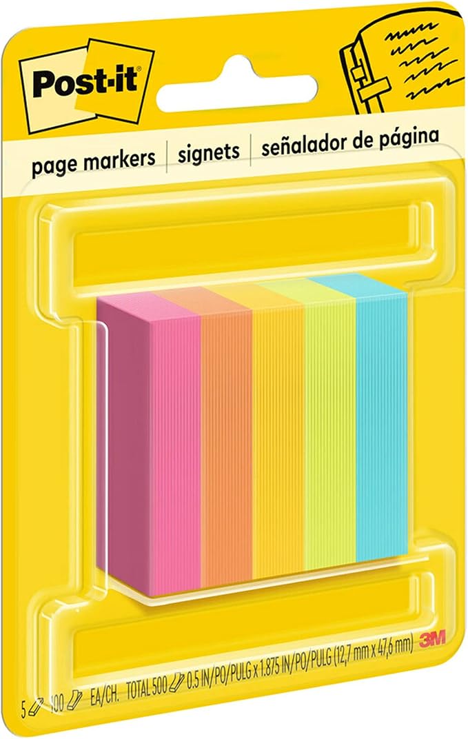 Post-it Page Markers, Assorted Colors, 1/2 in x 2 in, 100 Sheets/Pad, 5 Pads/Pack (670-5AN)