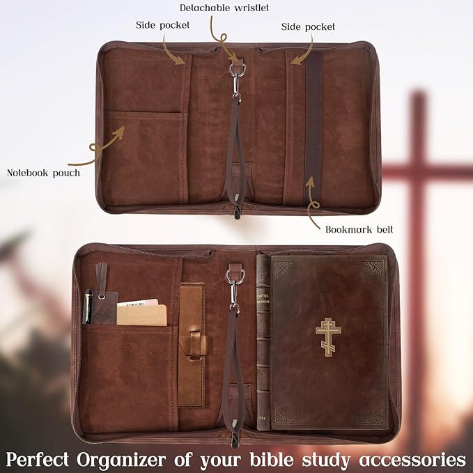 Bible Covers for Women & Men, Leather Bible Case with Rose Bookmark, Bible Supplies Carrying Bag Tote with Strap, Personalized Book Organizer for Study Journaling Bible-Dark Brown