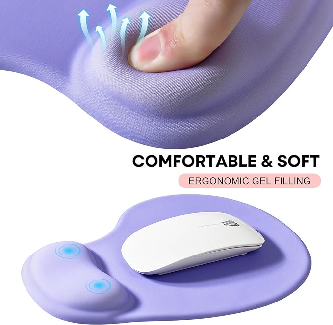 JIKIOU Mouse Pad, 2 Pack Ergonomic Mouse Pads with Comfortable Gel Wrist Rest Support and Lycra Cloth, Non-Slip PU Base for Easy Typing Pain Relief Durable and Easy to Clean Small Purple
