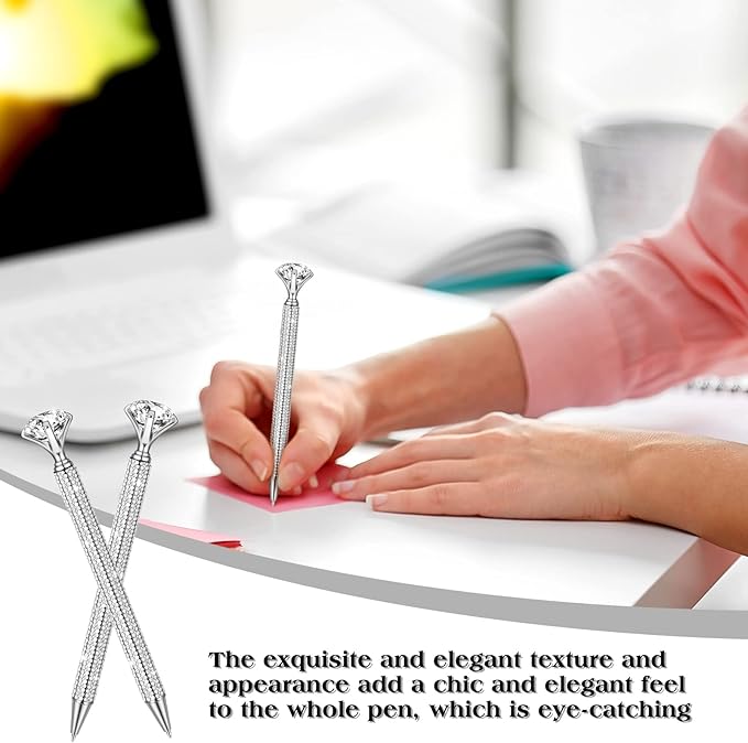 Jeyiour 6 Pcs Big Diamond Pens with Crystal Bling Rhinestone Metal Glitter Diamond Ballpoint Black Ink Pens Wedding Bridal Shower Favors for Birthday Gift Supplies(Silver)