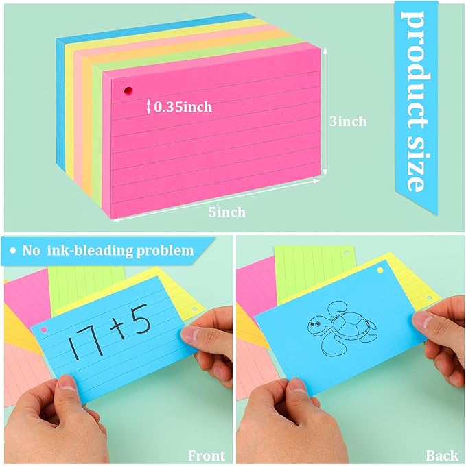 Index Cards 3x5 Inches, 300 Pcs Assorted Neon Color Ruled Index Cards with Ring,Heavy Note Cards, Lined Colored Index Flashcards,Study Cards,Memo Scratch Pad for Home Office School